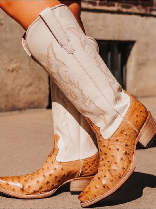 freebird Shoes - Freebird woodland wheat ostrich Cream and Brown Heeled Boots 2” size 7
